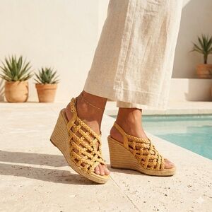 Prada Tan Leather Woven Espadrille Wedge Sandals - US 5 (35)